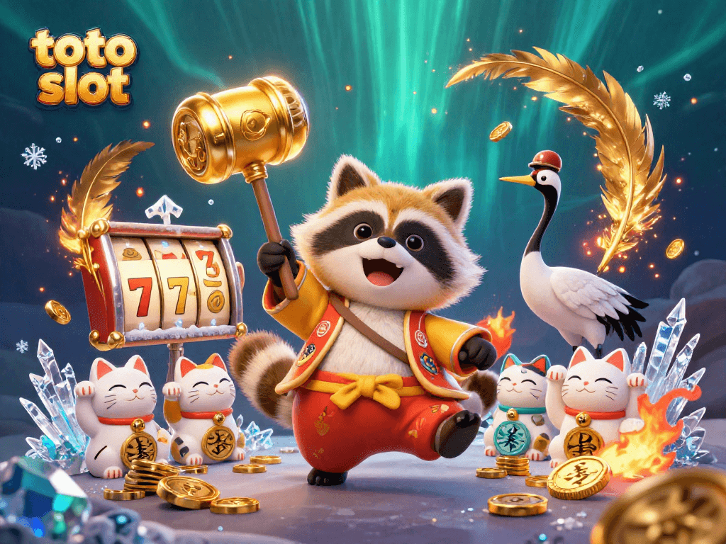 Win big with toto slot! Cheerful tanuki and friends celebrate luck amidst golden coins.