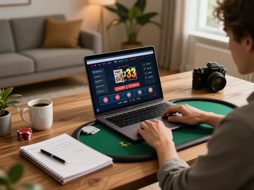 Engaging online gaming moment with a player using king33 on laptop, notebook and coffee nearby.