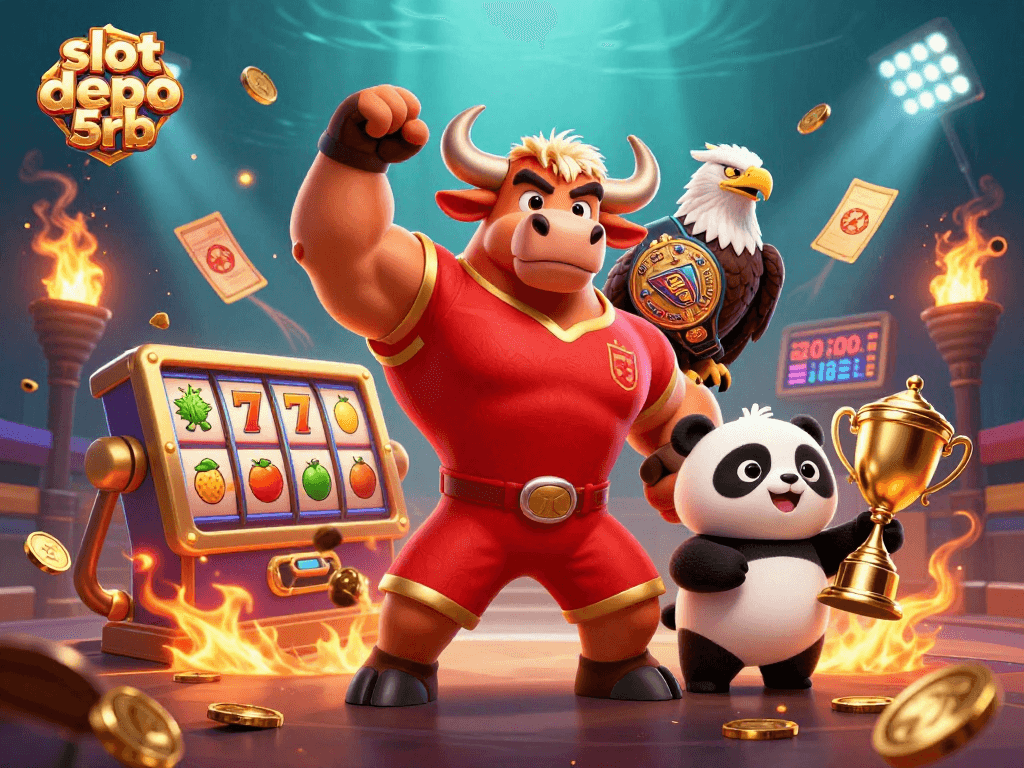 Experience thrilling gameplay with slot depo 5rb featuring a victorious bull mascot, trophy, and dynamic slot elements.