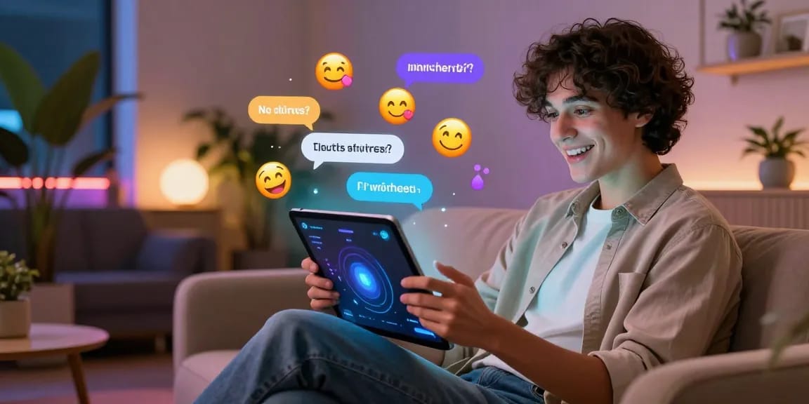 Engaging user interaction with a nsfw chat bot on a tablet in a stylish lounge.