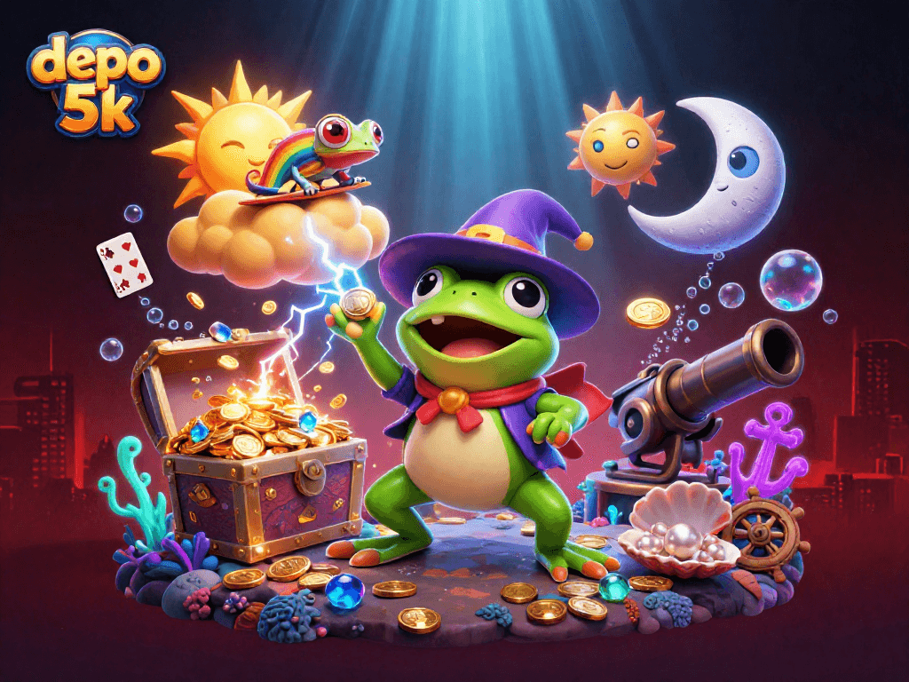 Experience the magic of depo 5k with the weather wizard frog and rainbow chameleon amidst a treasure storm.