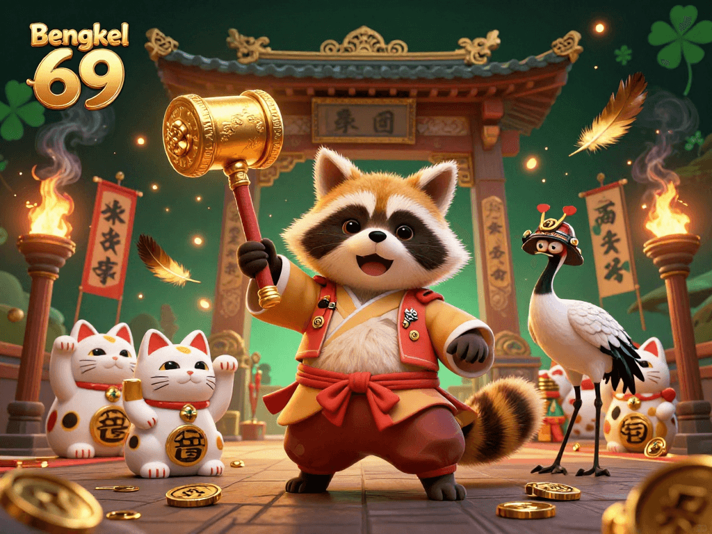 Bengkel 69 showcases a cheerful tanuki and a crane amidst vibrant casino elements, capturing the excitement of gaming.