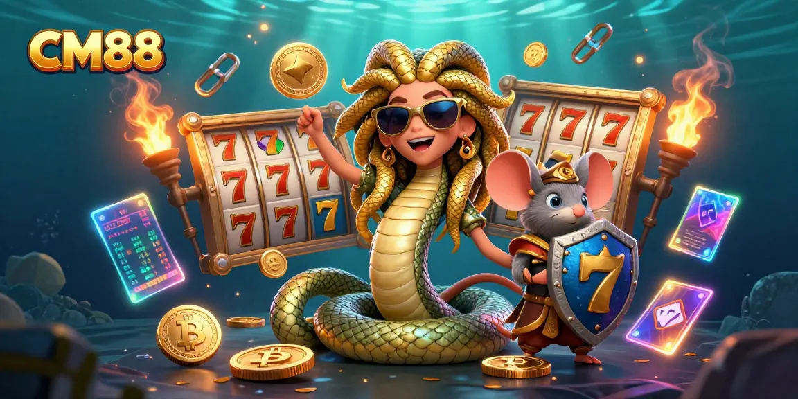 Engage in exciting gameplay at CM88 with friendly Medusa and the warrior mouse amidst vibrant slot machines.