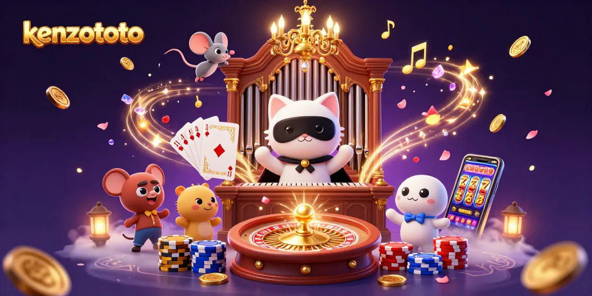Kenzototo offers engaging slot game experiences, showcasing a vibrant scene with animated casino elements.
