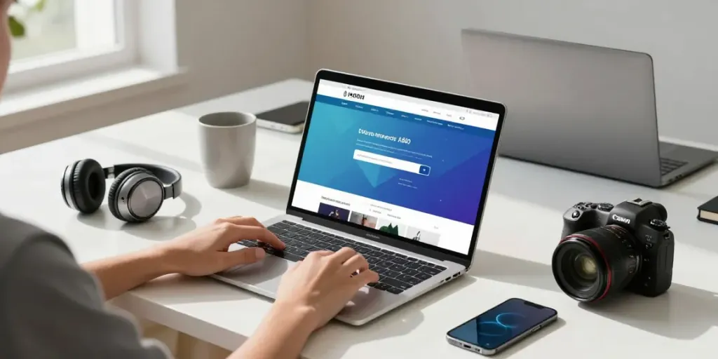 Browsing the A80 website in a sleek modern workspace with tech accessories.