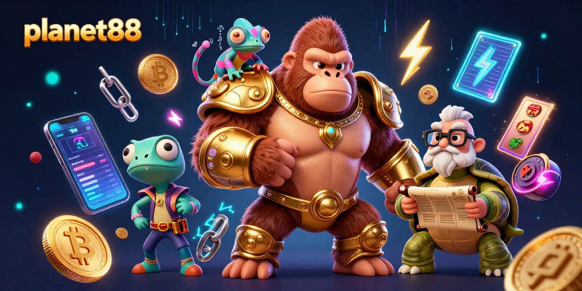 Engage in winning strategies at planet88 with vibrant 3D casino characters and crypto elements.