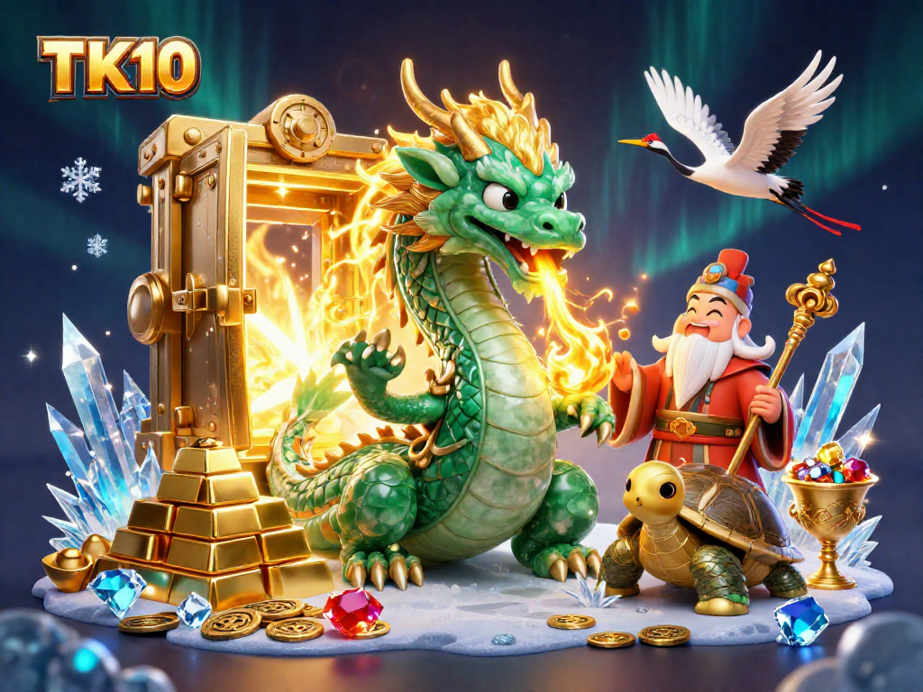 Engage in thrilling gameplay with TK10 featuring a jade dragon amidst gold treasures in a dynamic casino scene.
