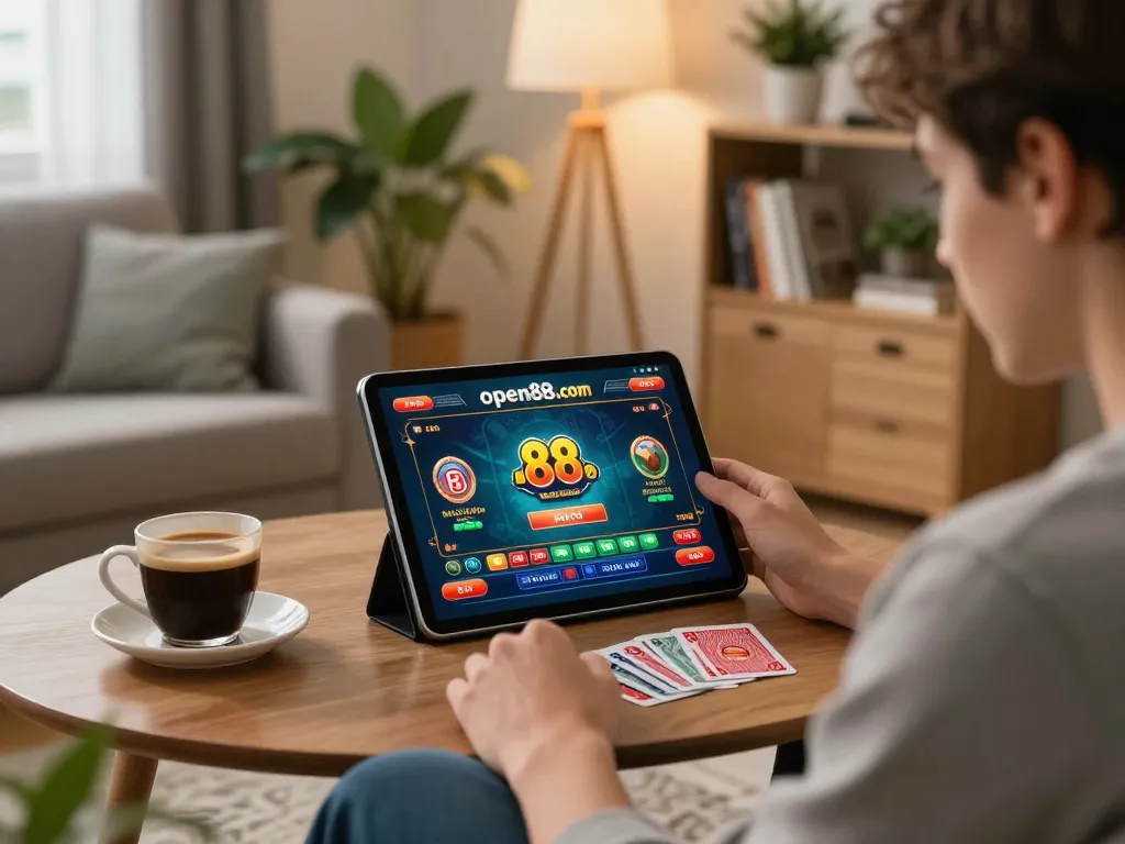 Person engaged in strategic betting on open88.com in a cozy home environment with tablet and notes.