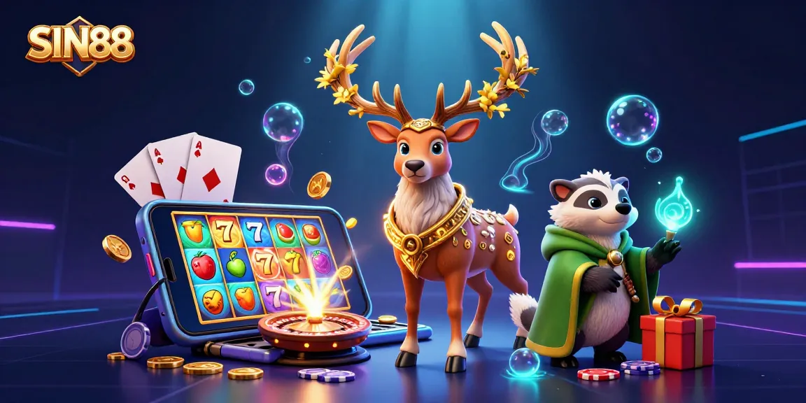 SIN88 casino scene with a Celtic druid stag, a badger, and slot game elements, showcasing vibrant action.
