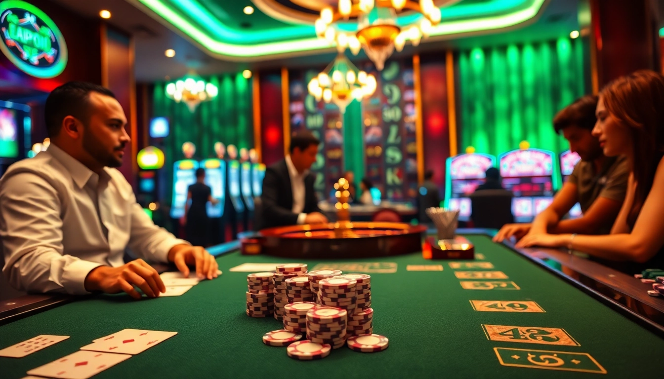A dynamic casino scene at http://gg88.gold/, showcasing players at tables and vibrant slot machines.