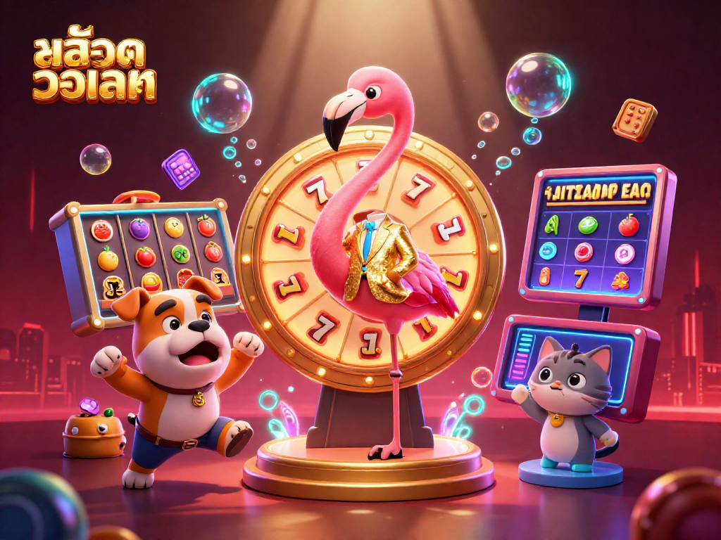 Experience excitement in สล็อตวอเลท with cartoon characters spinning a prize wheel amidst vibrant casino elements.