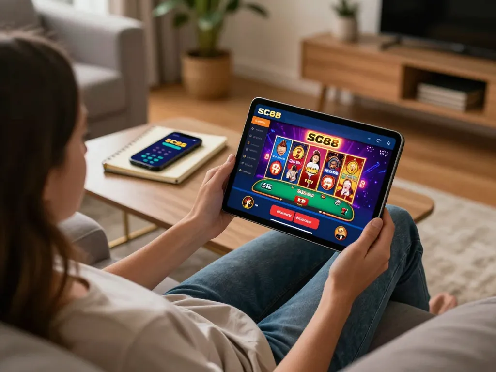 Engaging tablet gaming session on SC88 app, showcasing lively poker graphics and lifestyle elements.