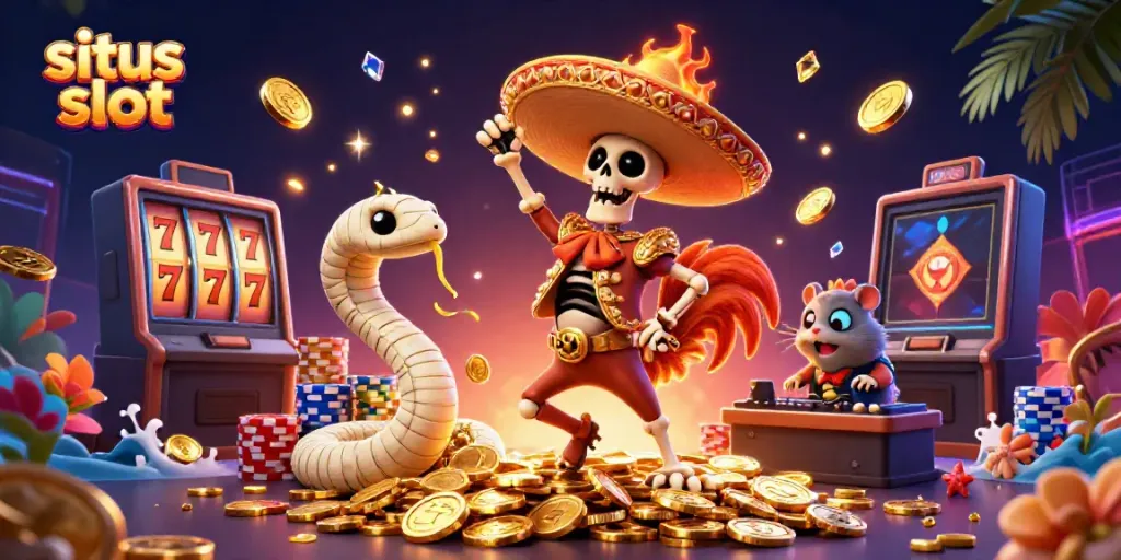 Experience the thrill of situs slot with a vibrant 3D illustration featuring colorful characters, coins, and game elements.