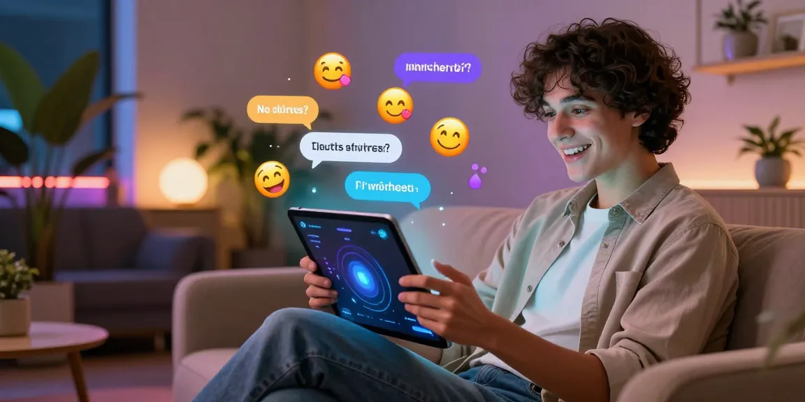 Engaging user interaction with a nsfw chat bot on a tablet in a stylish lounge.
