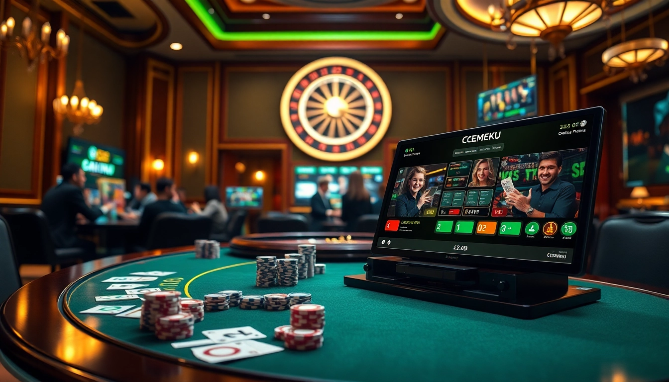 CEMEKU online poker scene with players, colorful chips, and a luxurious casino table atmosphere.