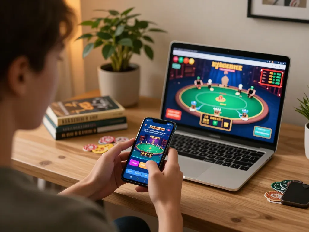 Playing zx88 online casino games on a smartphone in a cozy home setting