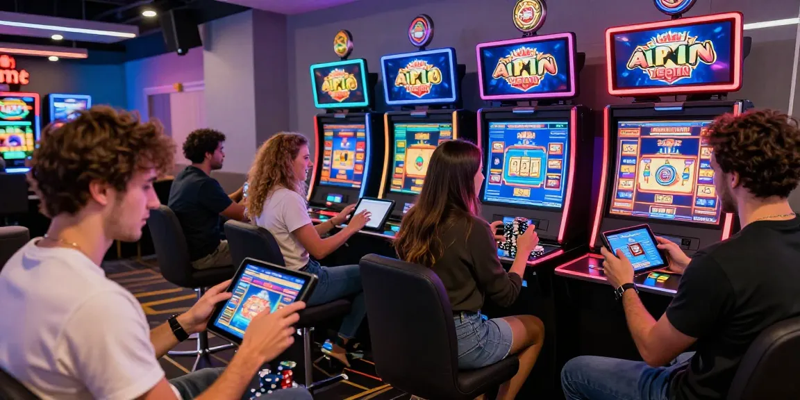 Excited players enjoying new online casinos in a vibrant gaming lounge with dynamic displays and tablets.