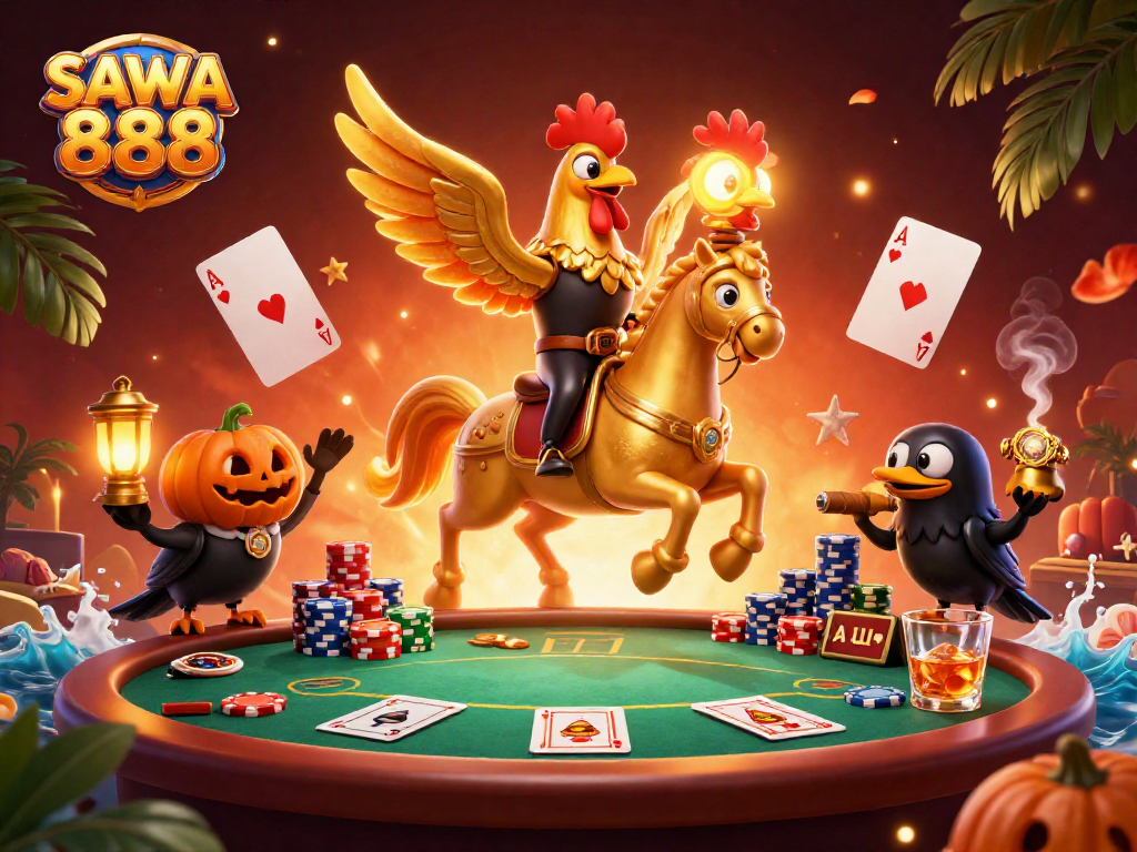 Battle for winning fortunes at SAWA 888 with cartoon icons in a spectacular casino