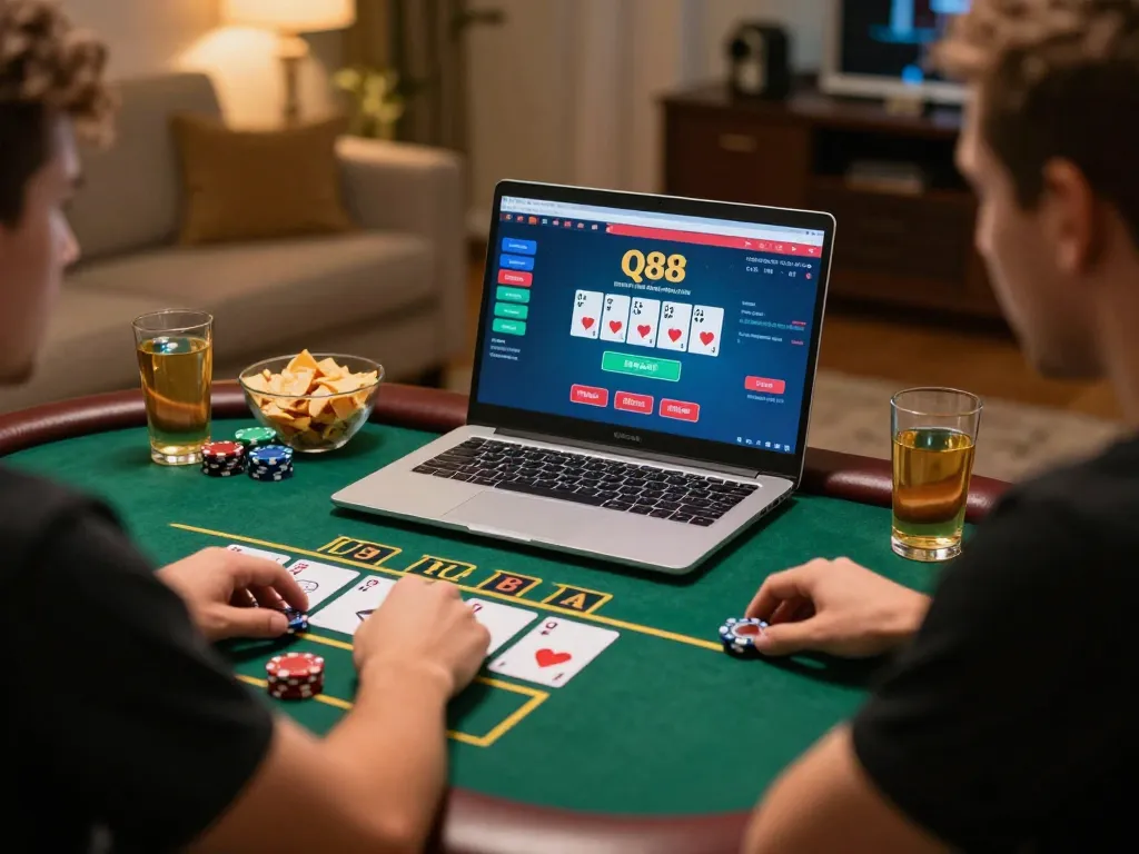 Player enjoying strategic gameplay on Q88 online casino blackjack table at home