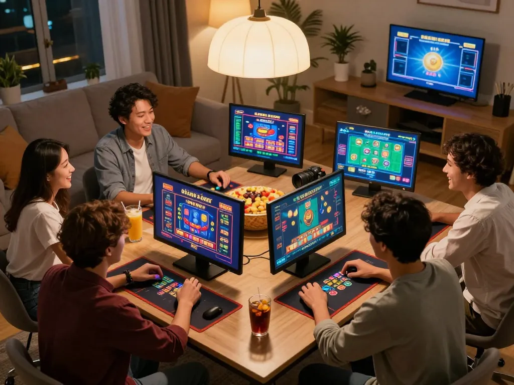 Friends enjoying online gameplay at home, showcasing f8betlv casino excitement in a cozy setting.