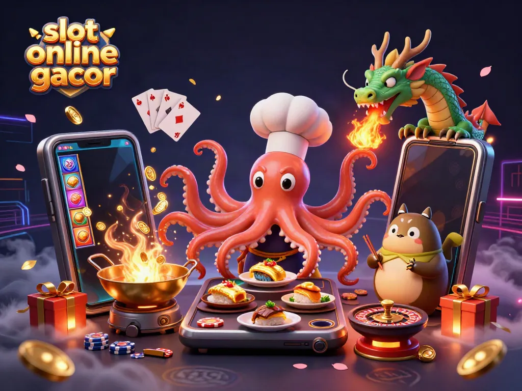 Engage with slot online gacor as an octopus chef prepares gourmet dishes surrounded by vibrant casino elements.