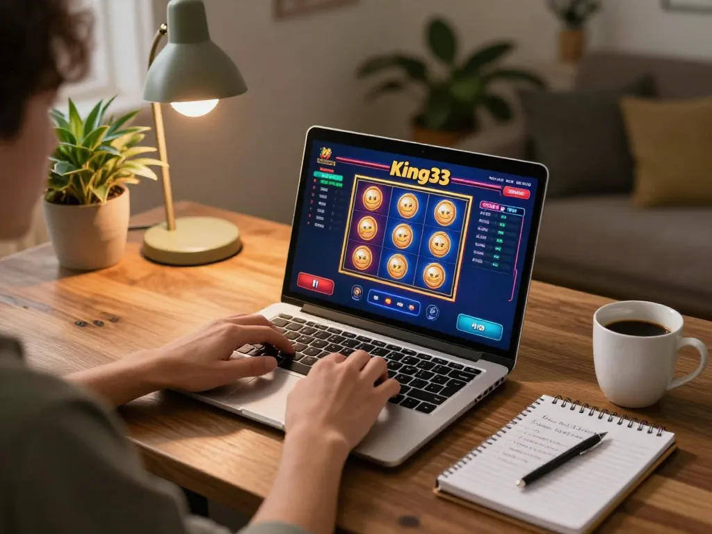 Engaging in online gaming at King33, displaying vibrant slot machines on the laptop screen.