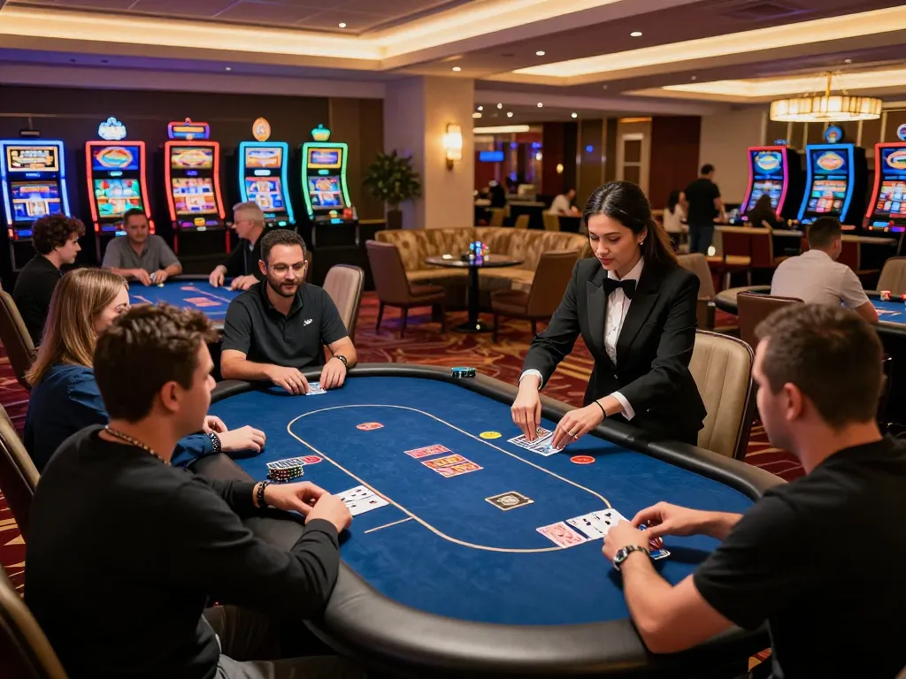 Engaged players at a casinos not on Gamstop poker table, showcasing the excitement and vibrant atmosphere