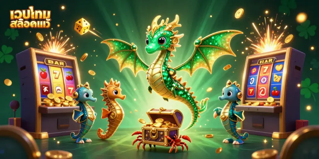 Experience the thrill with เว็บเกมสล็อตแท้ featuring vibrant casino elements, a sea dragon, and treasure chests.