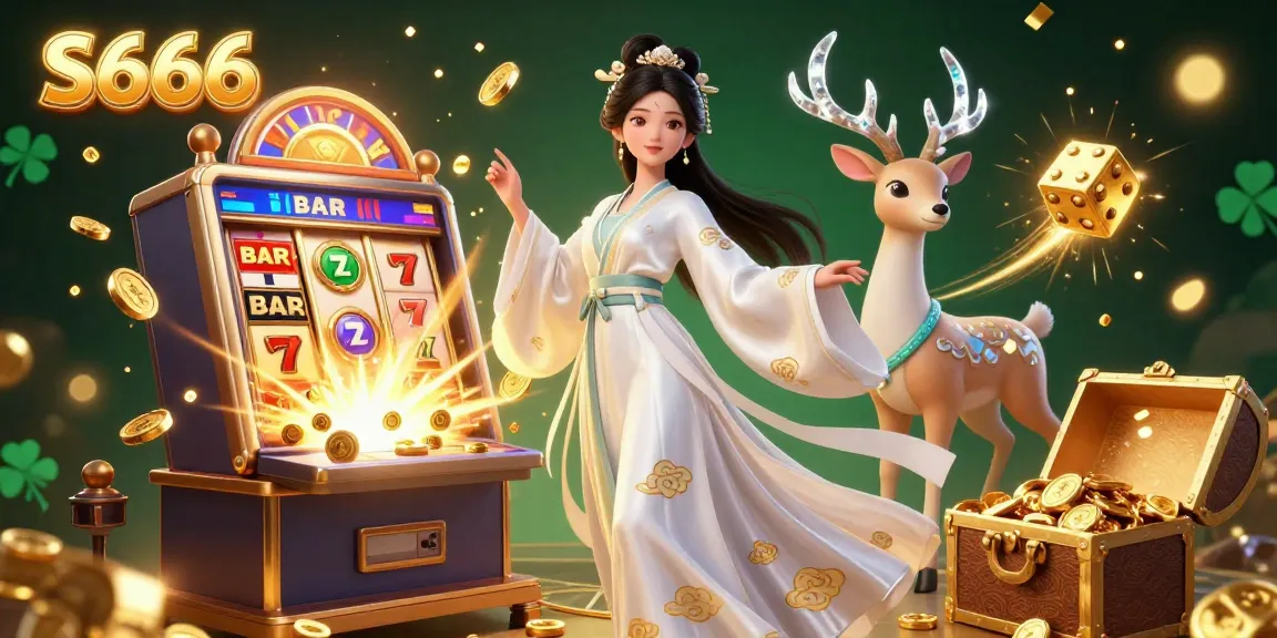 S666 slot machine bursting with coins in a vibrant gaming scene with an Asian woman in hanfu.