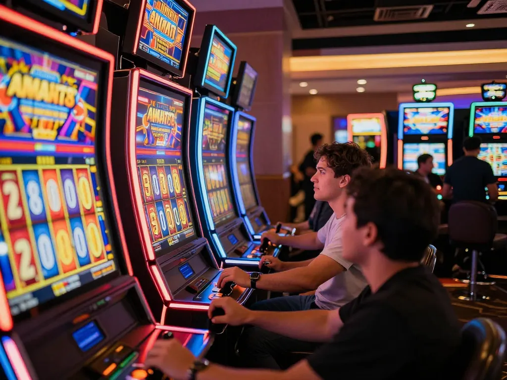 Suasana kasino yang cerah dengan pemain yang terlibat dengan mesin slot aman788 gacor, menangkap kegembiraan dari gulungan yang berputar.