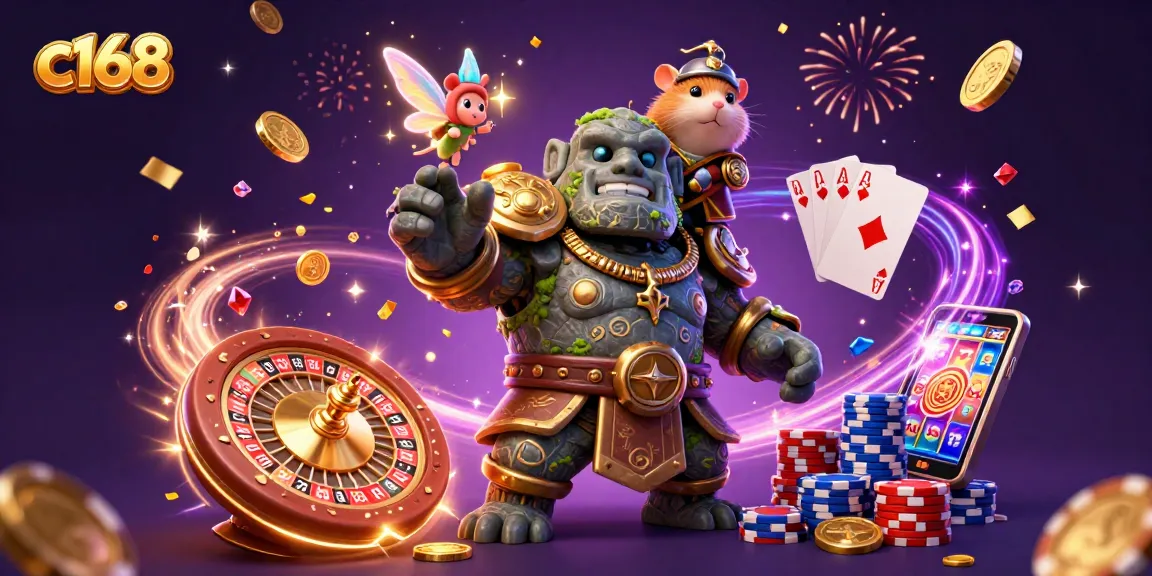 Experience the thrills of c168 as magical characters celebrate gambling wins with coins and gems.