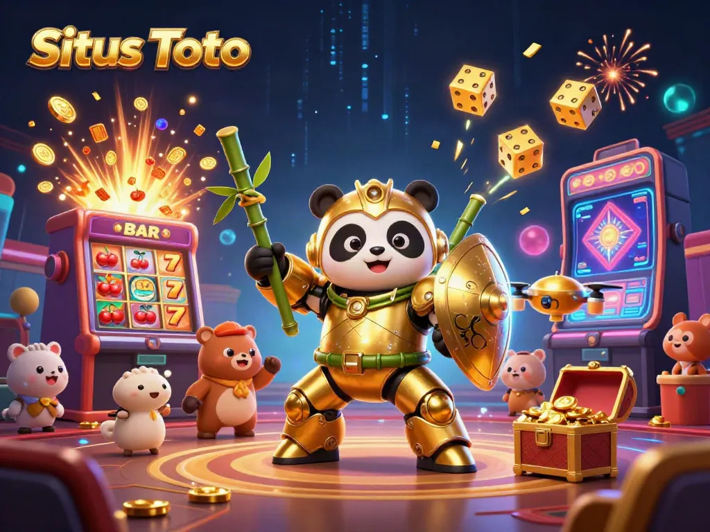Gambaran Situs Toto dengan panda emas, robot tempur, dan mesin slot yang meledak.