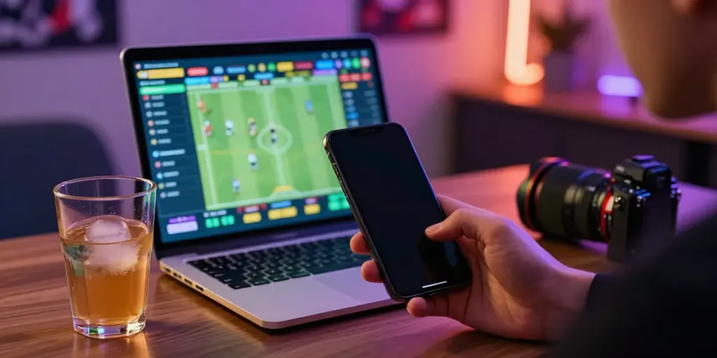 Aktivitas taruhan bola888 di rumah dengan smartphone dan laptop dalam suasana nyaman.