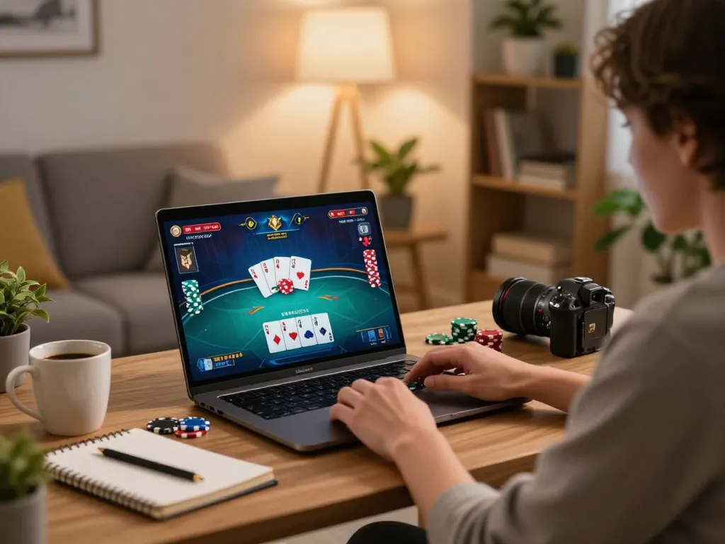 Engaging in a thrilling game of poker on go8 through a laptop, surrounded by a comfortable, strategic gaming setup.