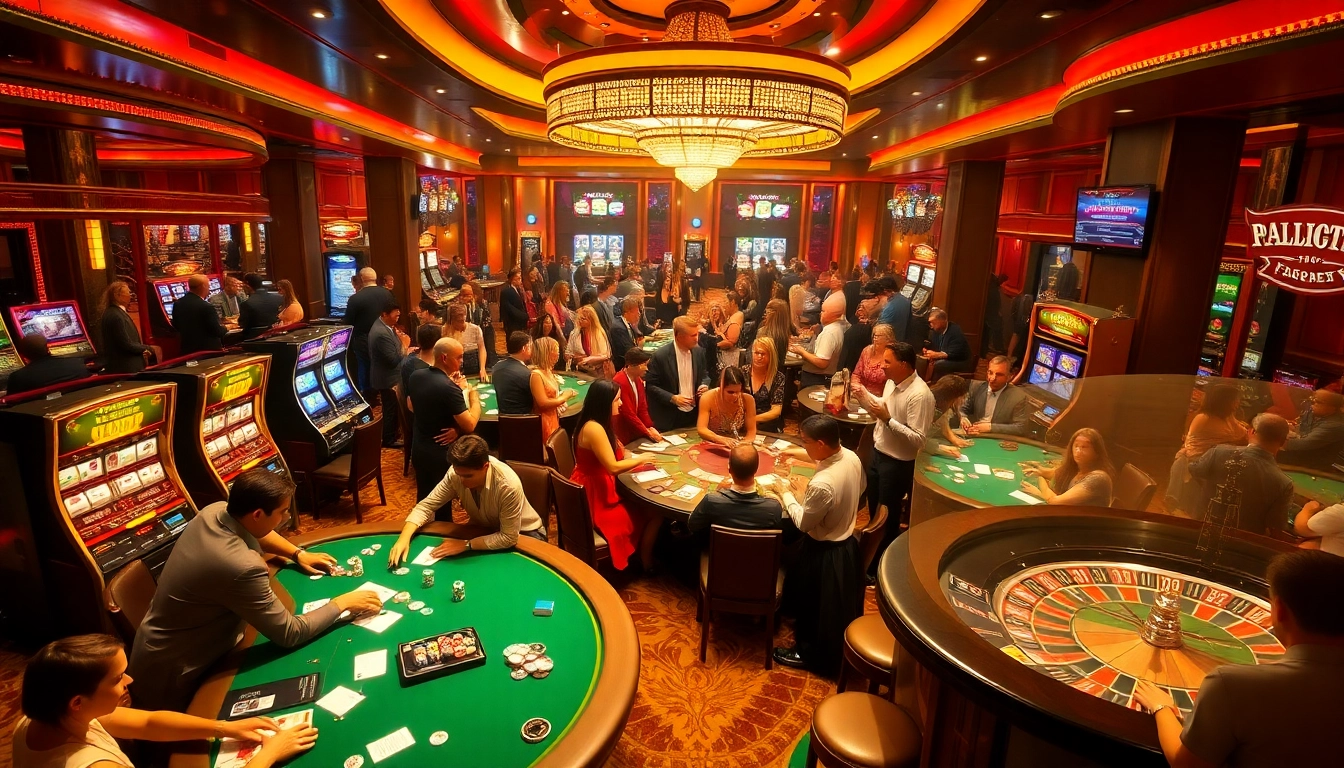Engaging casino scene featuring a porn game theme with players at poker tables and vibrant slot machines.