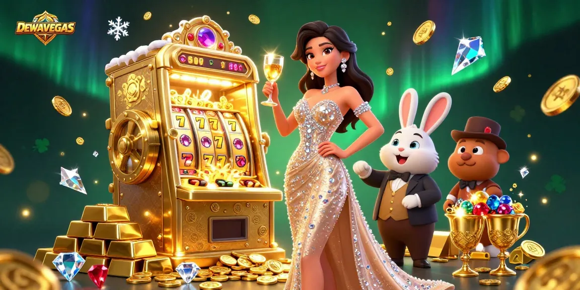 Experience winning thrills at DEWAVEGAS with a stunning casino scene featuring a jackpot machine and glamorous characters.