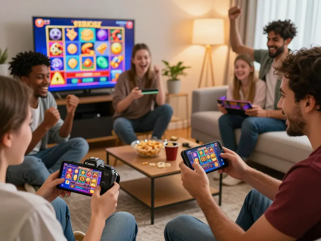 Players enjoying free credit 918kiss slots in a lively gaming atmosphere with snacks and excitement.