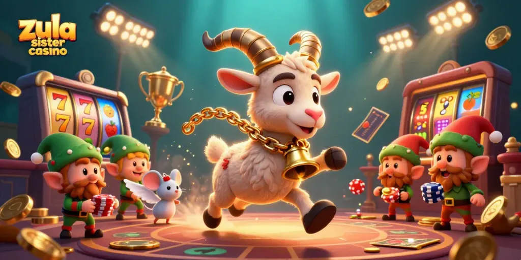 Zula sister casino image featuring cartoon Krampus, angel mouse, and elf gremlins in a dynamic casino scene.