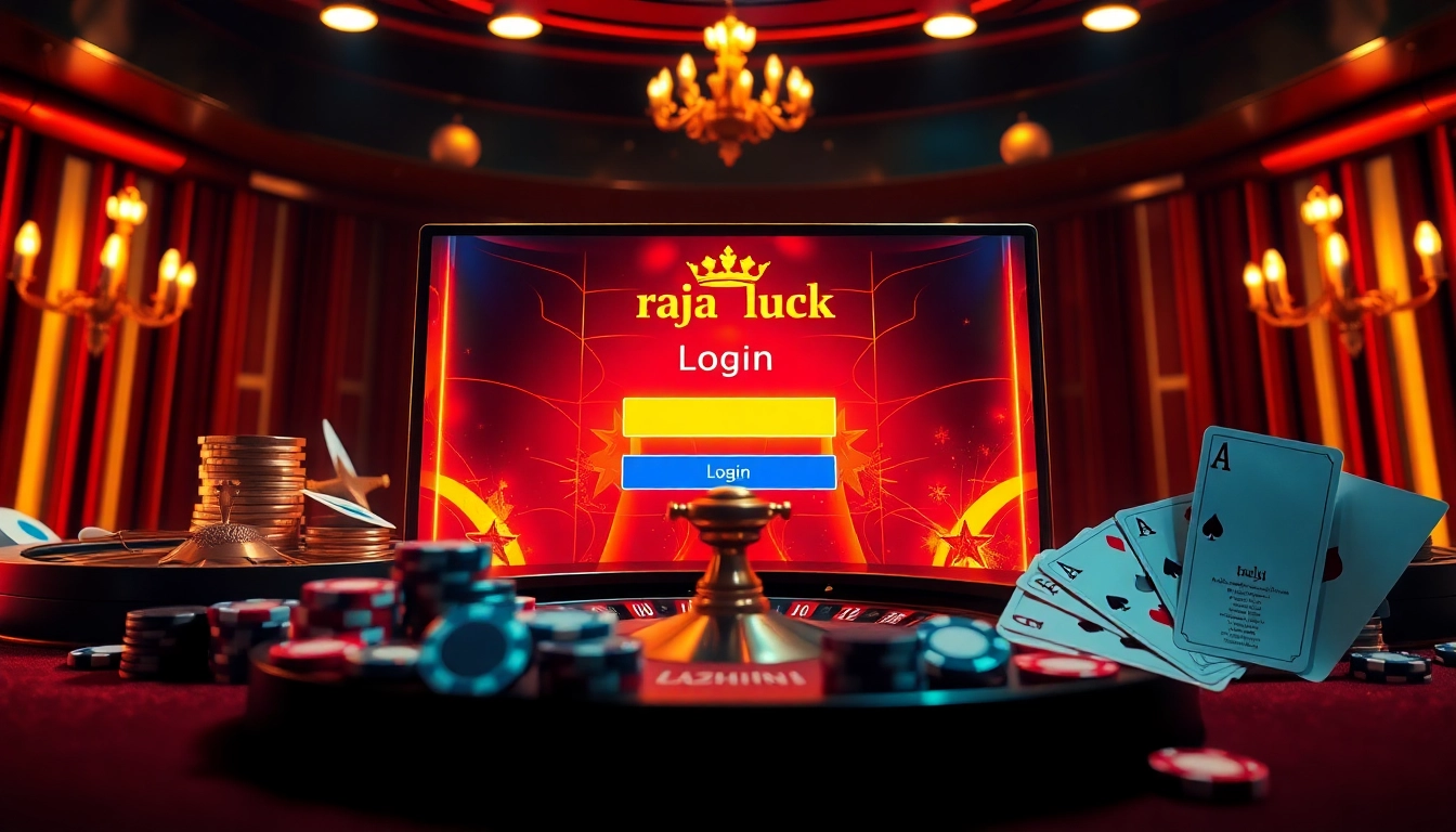 Experience the thrill of raja luck login through this luxurious casino scene showcasing online gambling elements.