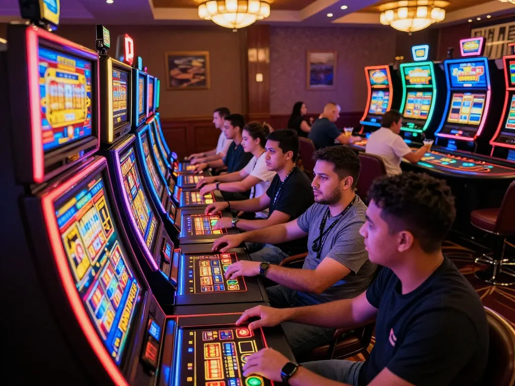 Pemain berinteraksi dengan mesin slot dalam suasana kasino yang semarak, menyoroti kegembiraan bermain game.