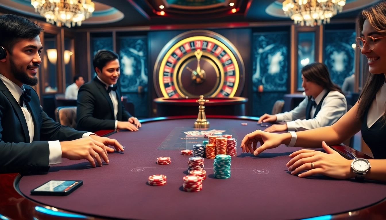 Players engaged in intense poker gameplay showcasing 99win cc excitement and strategy at a luxury casino.