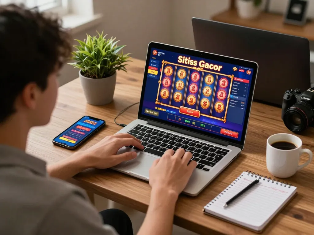 Engaging in situs slot gacor online gaming on a laptop while managing bankroll, creating an inviting atmosphere