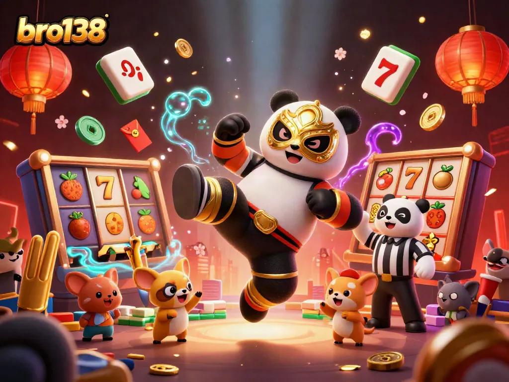 Engage with bro138 as the panda wrestler fights among slot reels in a festive casino atmosphere.