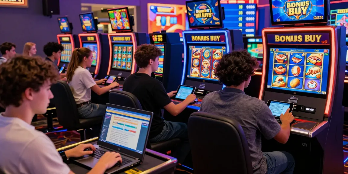 Exciting Bonus Buy Slots gameplay scene from cocomaya.co.uk with diverse players at digital devices, showcasing colorful slot graphics.