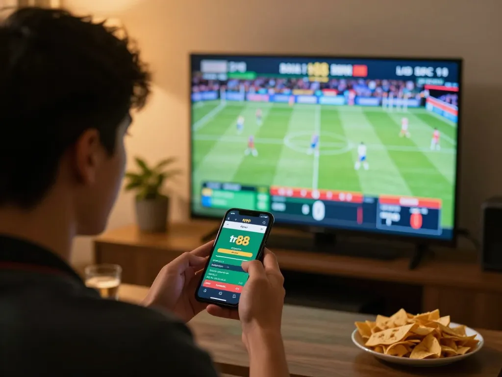 Player engaging with tr88 sports betting app on smartphone, live game on screen, cozy atmosphere.