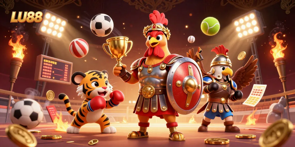 LU88 showcases an engaging scene with a gladiator rooster and sports elements in a dynamic arena.