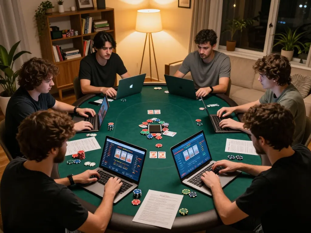 GO88 players strategizing in a cozy online poker game, chips and laptops present, focused atmosphere