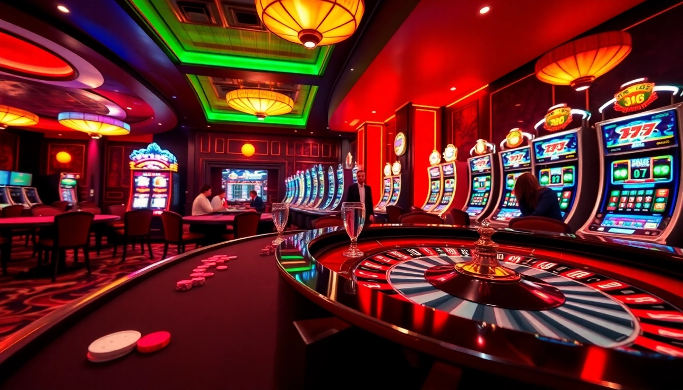 The exhilarating atmosphere of gambling at https://nk88net.com/ with a roulette table and vibrant slot machines.