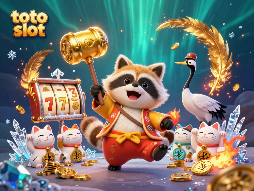 Win big with toto slot! Cheerful tanuki and friends celebrate luck amidst golden coins.
