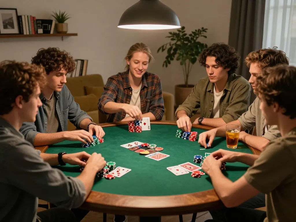 Friends strategizing in a lively poker game at home, showcasing m117 gameplay excitement and camaraderie.